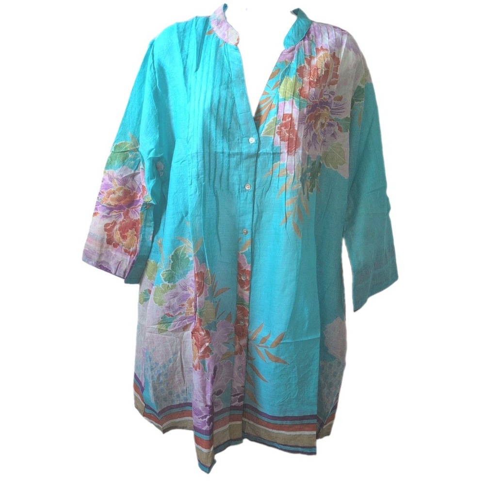 La Cera Tropical Print Tunic Blue Floral XL - New